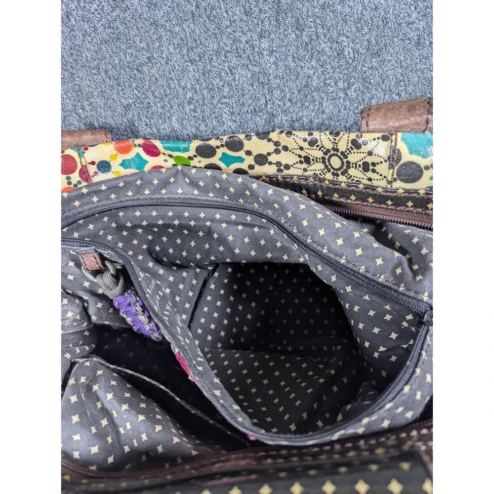 Fossil Key-Per Coated Canvas Tote Bag Teal Kaleidoscope Geometric Dots